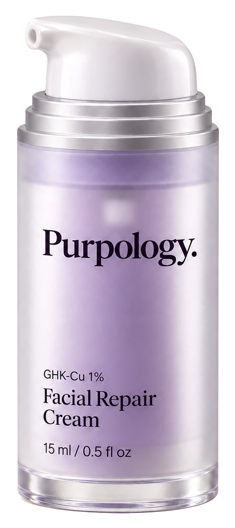 Purpology GHK-Cu Facial Repair Cream in a lavender airless pump bottle